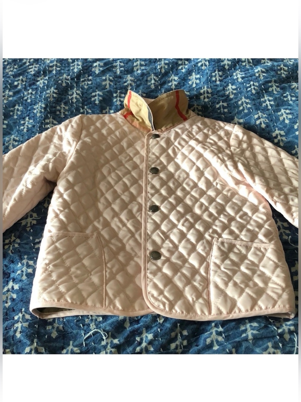 Burberry Pink Quilted Girls Jacket with Tan Trim